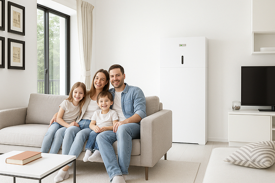 Imagen de la batería All in One en un salón con una família feliz